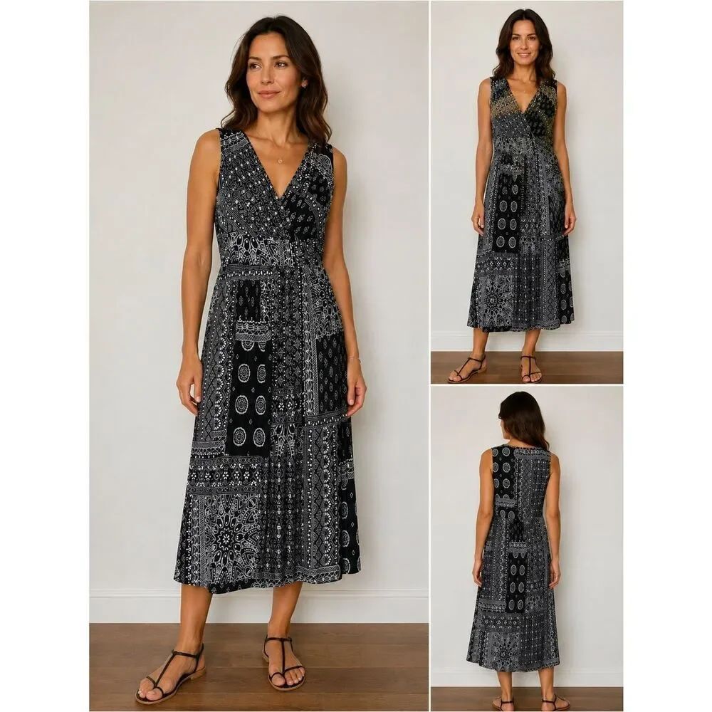 Chaps Empire Waist Maxi Dress V-Neck Batik Black Sleeveless Sz 1X See Notes